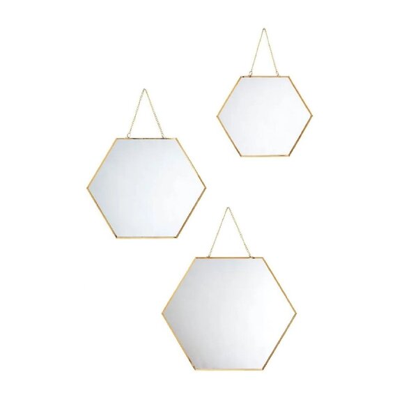 brand new Set of 3 Wild Sage Hexagon Goldtone Wall Mirrors with Chains